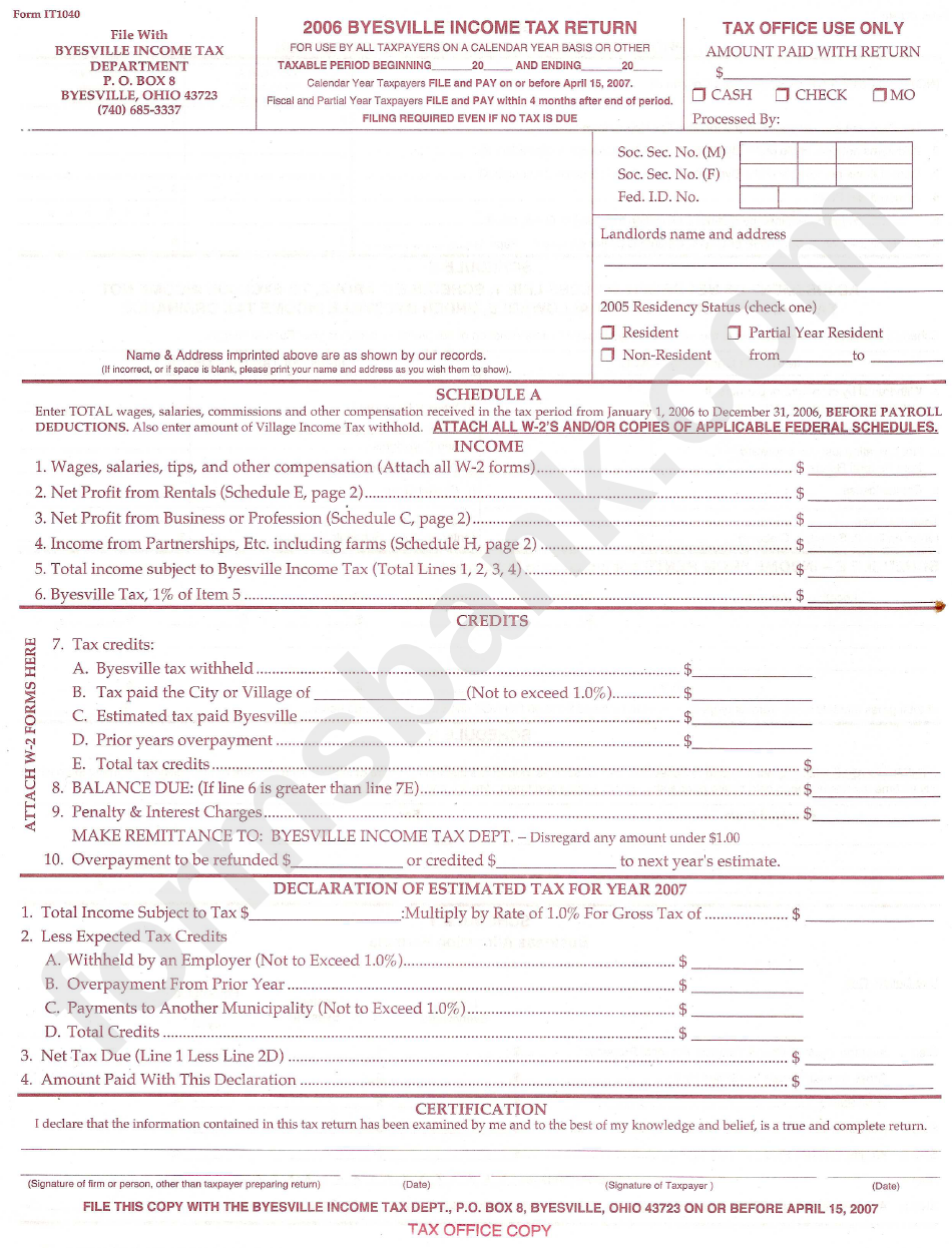 Form It1040 - Byesville Income Tax Return - 2006