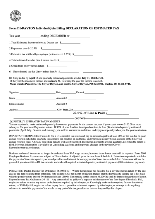 Form D1 - Dayton Individual/joint Filing Declaration Of Estimated Tax Printable pdf