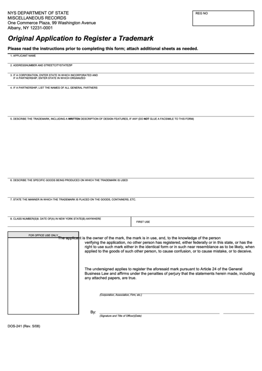 Fillable Form Dos-241 - Original Application To Register A Trademark - 2008 Printable pdf