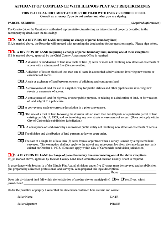 Affidavit Of Compliance With Illinois Plat Act Requirements - Illinois Printable pdf