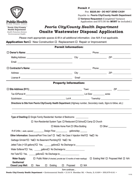 Onsite Wastewater Disposal Application Form - Health Department - Peoria - Illinois Printable pdf