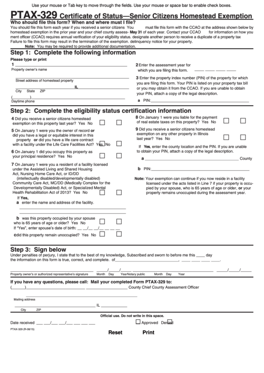 Fillable Form Ptax-329 - Certificate Of Status - Senior Citizens Homestead Exemption - Illinois Printable pdf