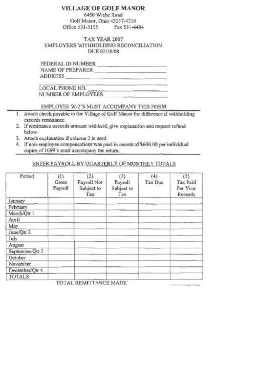 Employers Withholding Reconciliation Form - 2007 Printable pdf