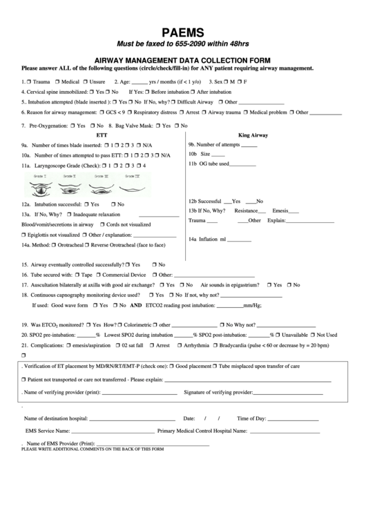 Airway Management Data Collection Form - Paems Printable pdf