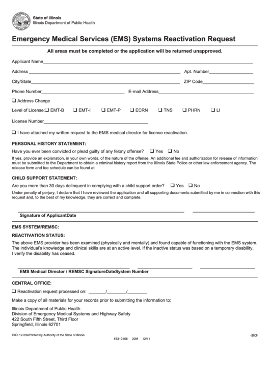 Form Ioci 12-234 - Emergency Medical Services (Ems) Systems Reactivation Request Form - Illinois Department Of Public Health Printable pdf