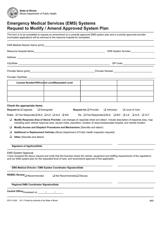 Fillable Form Ioci 12-235 - Request To Modify, Amend Approved System Plan - Illinois Department Of Public Health Printable pdf