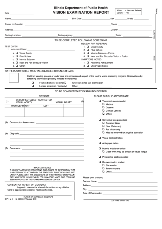 Form Idph V-4 - Vision Exam Report Form - Illinois Department Of Public Health Printable pdf