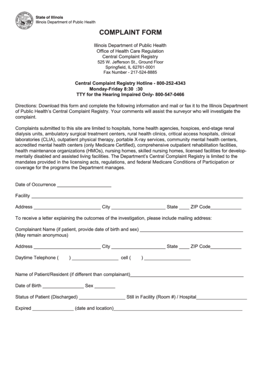 Complaint Form - Illinois Department Of Public Health Printable pdf