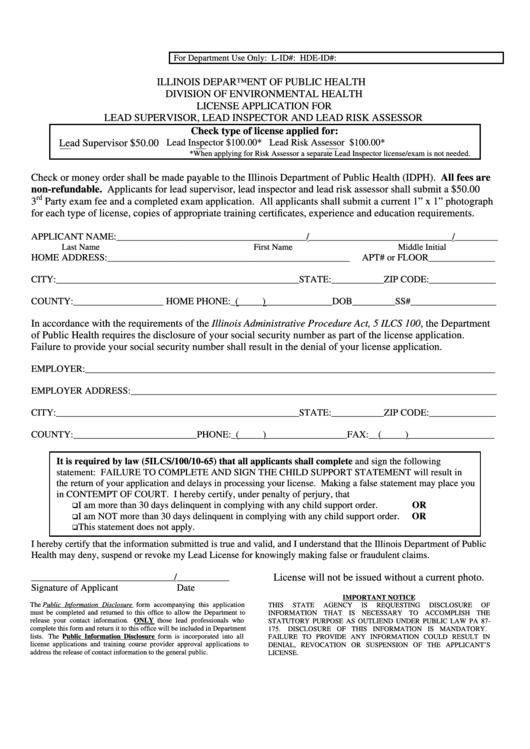License Application For Lead Supervisor, Lead Inspector And Lead Risk Assessor - Illinois Department Of Public Health Printable pdf