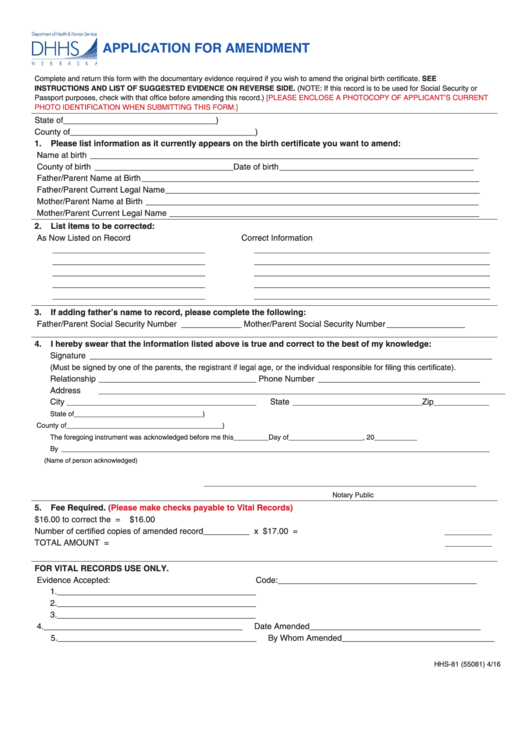 Fillable Form Hhs-81 - Application For Amendment Printable pdf