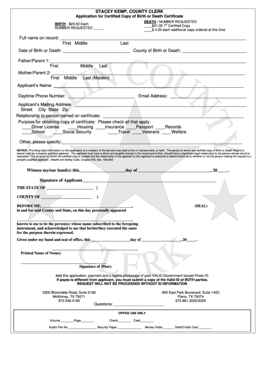 Fillable Application For Certified Copy Of Birth Or Death Certificate Printable pdf
