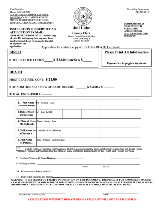 Fillable Application For Certified Copy Of Birth Or Death Certificate - Denton County - 2010 Printable pdf