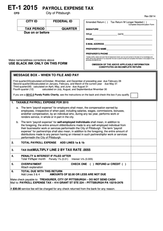 Form Et-1 - Payroll Expense Tax - City Of Pittsburgh - 2015 Printable pdf
