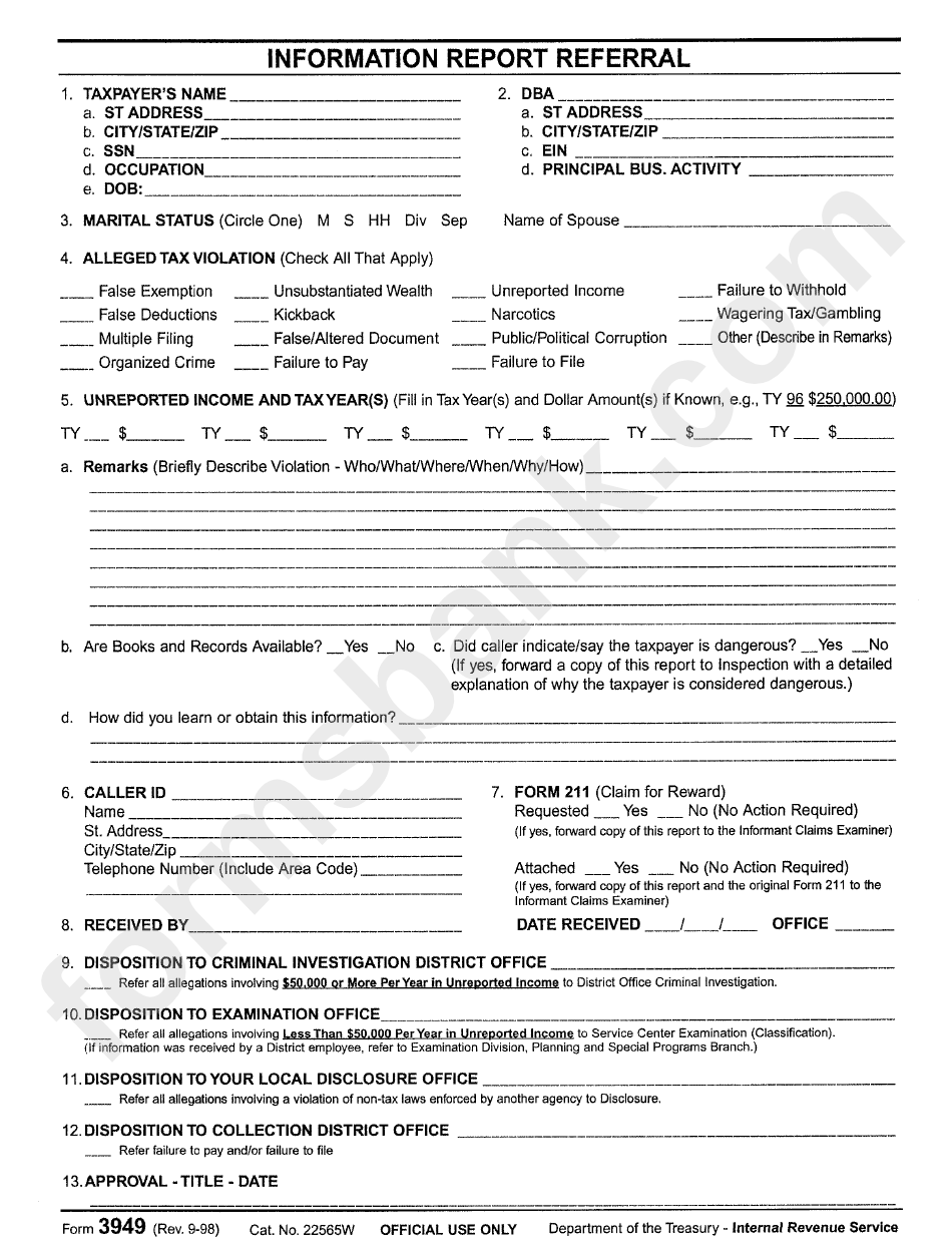 Form 3949 - Information Report Referral - Department Of The Tressury