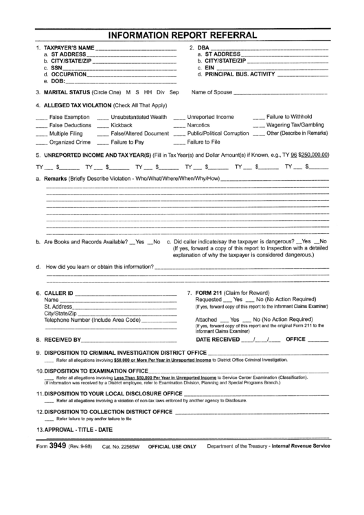 Form 3949 - Information Report Referral - Department Of The Tressury Printable pdf