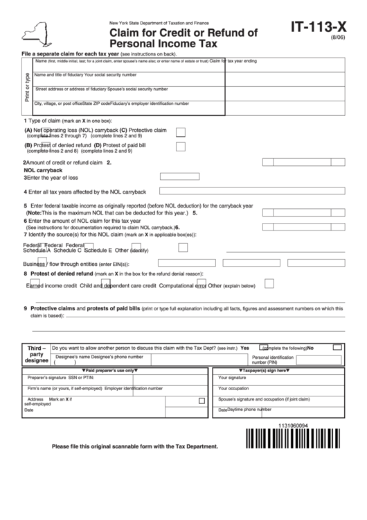 Fillable Form It-113-X - Claim For Credit Or Refund Of Personal Income Tax Printable pdf