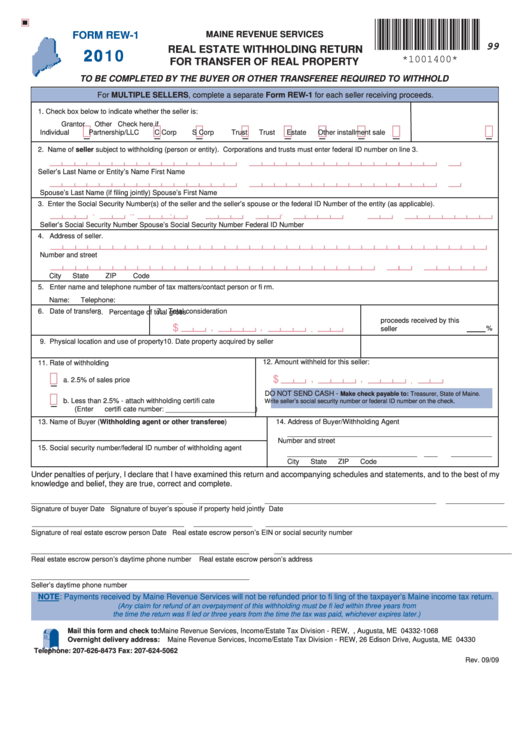 Form Rew-1 - Real Estate Withholding Return For Transfer Of Real Property - 2010 Printable pdf