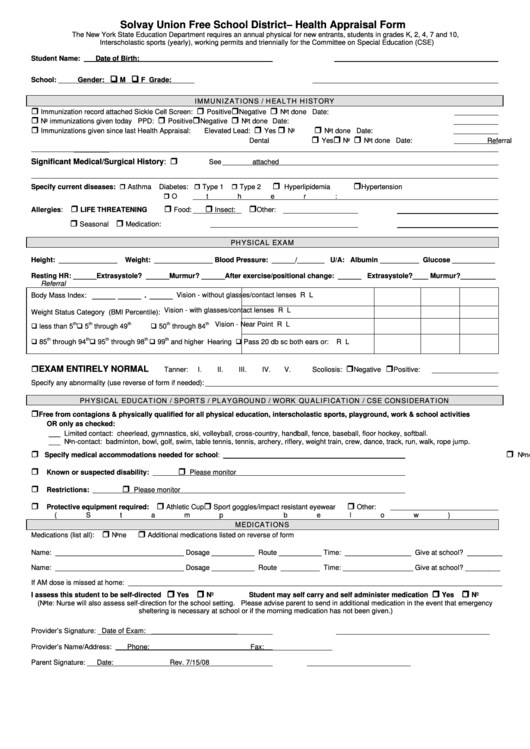 Solvay Union Free School District Health Appraisal Form Printable pdf
