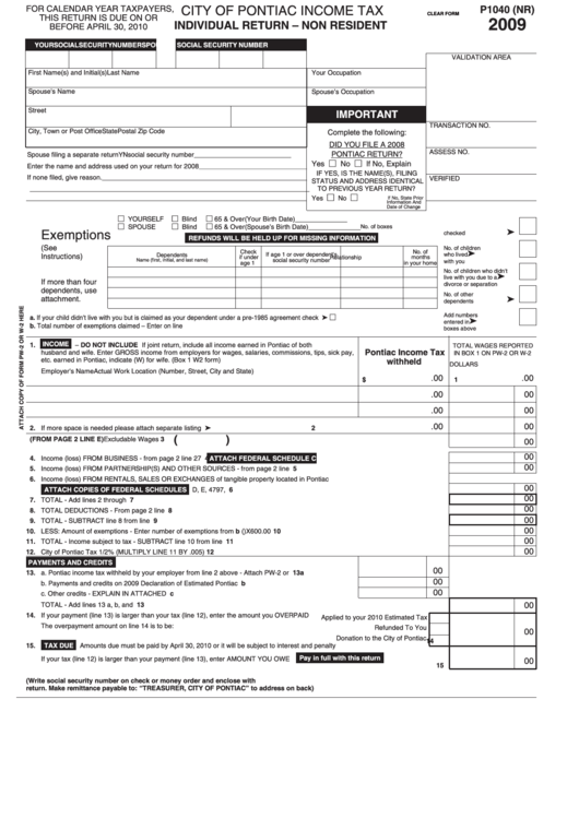 Form P1040 (nr) - City Of Pontiac Income Tax, Individual Return - Non Resident - 2009