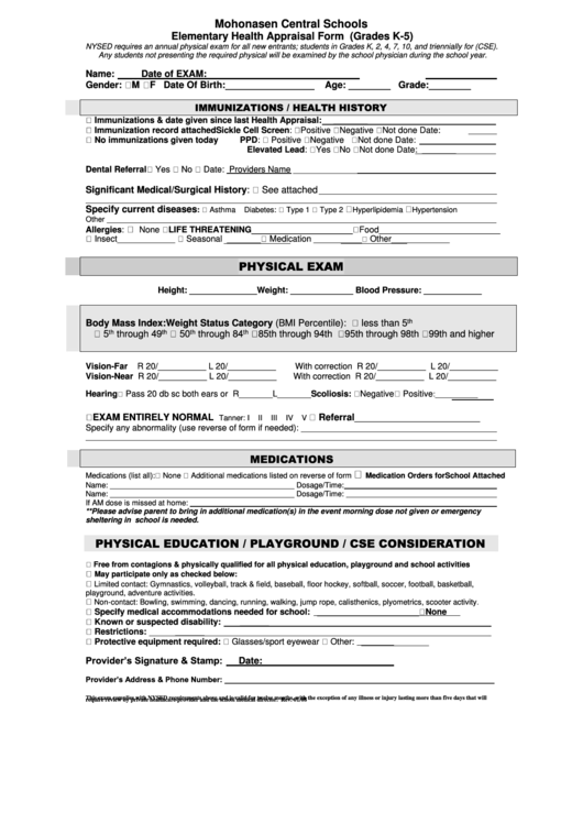 Elementary Health Appraisal Form For Grades K-5 Printable pdf