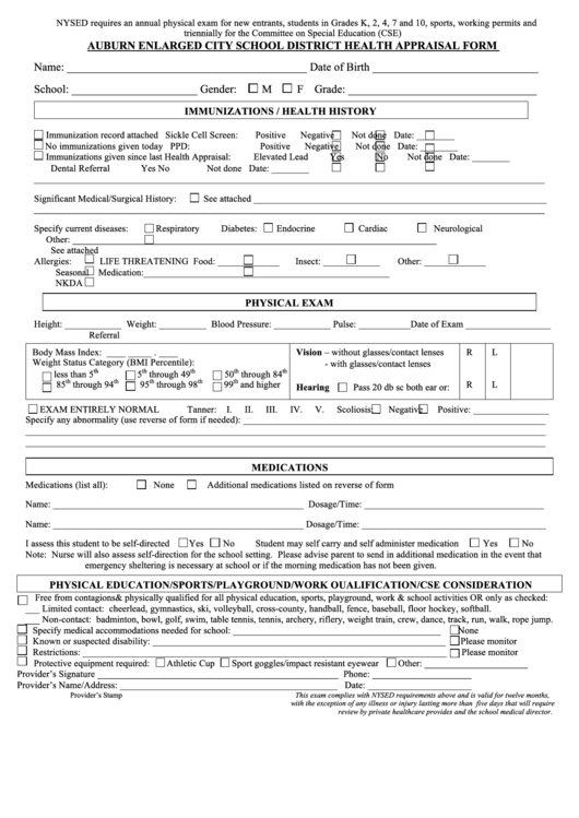 Auburn Enlarged City School District Health Appraisal Form Printable 