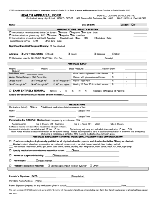 Penfield Central School District Health Appraisal Form Printable pdf