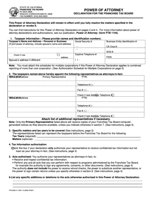 Form Ftb 1144 - Declaration For The Franchise Tax Board Printable pdf
