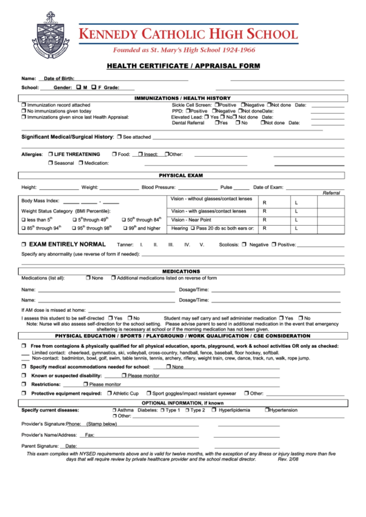 Kennedy Catholic High School Health Certificate/appraisal Form Printable pdf