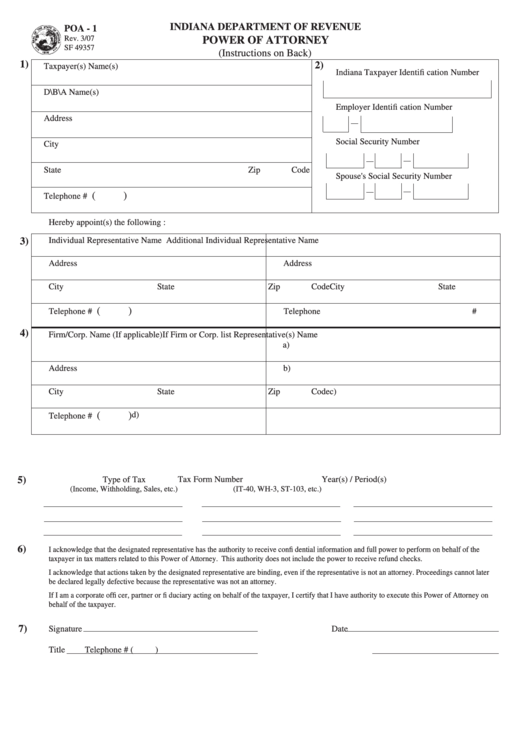 Fillable Form Poa-1 - Power Of Attorney - Indiana Department Of Revenue Printable pdf