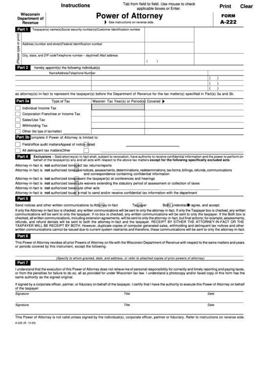 Fillable Form A 222 Power Of Attorney Printable Pdf Download