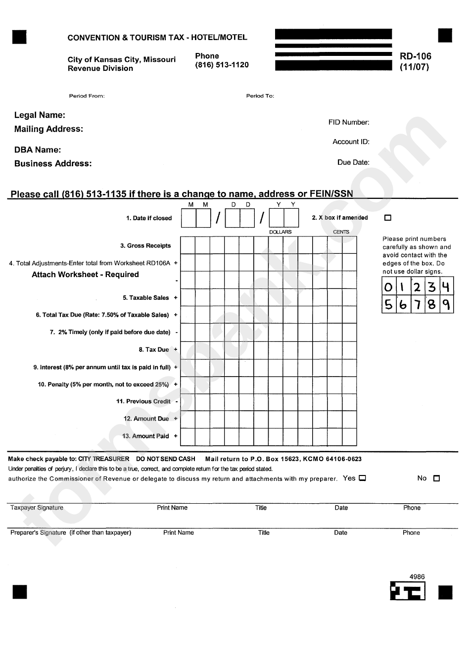Form Rd-106 - Convention And Tourism Tax - Hotel/motel Form