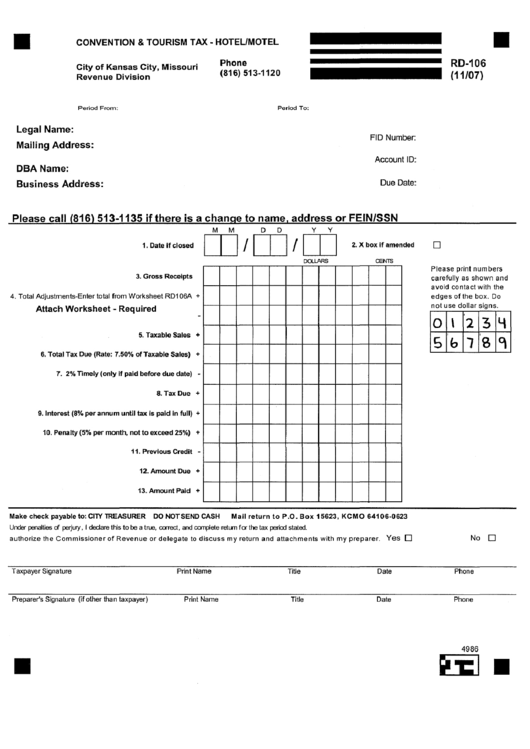 Fillable Form Rd-106 - Convention And Tourism Tax - Hotel/motel Form Printable pdf