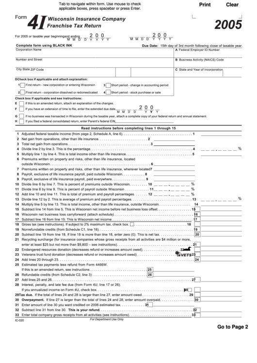 Fillable Form 4i - Insurance Company Franchise Tax Return - 2005 Printable pdf