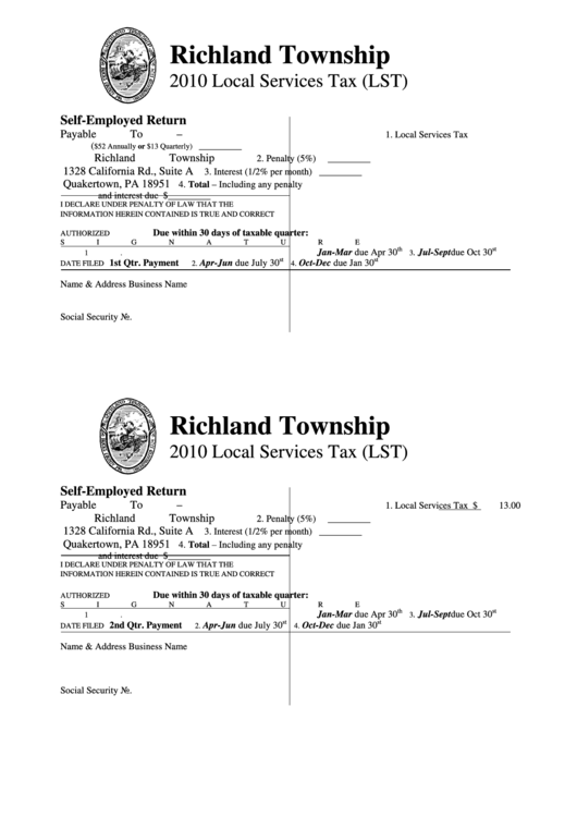 Local Services Tax (Lst) Form - Richland Township - 2010 Printable pdf
