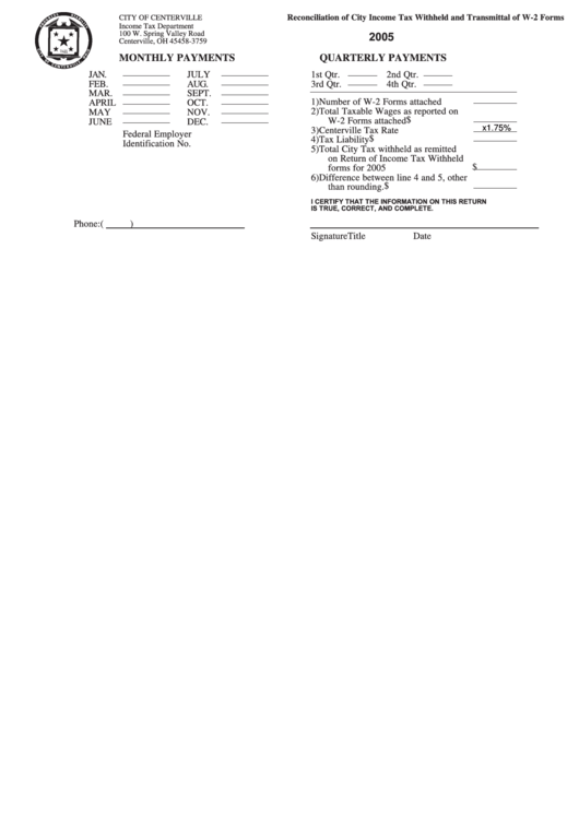 Reconciliation Of City Income Tax Withheld And Transmittal Of W-2 Forms - Monthly/quarterly Payments - City Of Centerville - 2005 Printable pdf