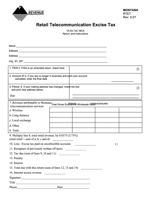 Fillable Form Rtet - Retail Telecommunication Excise Tax (2007) Printable pdf