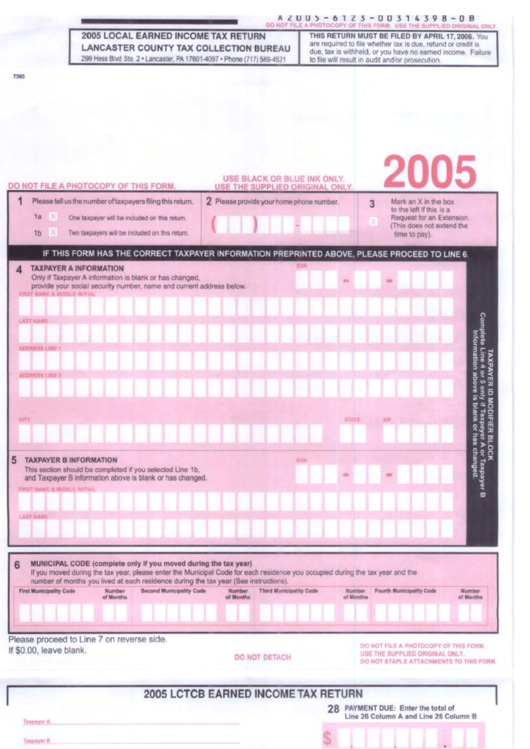 Local Earned Income Tax Return Form - Lancaster County 2005 Printable pdf