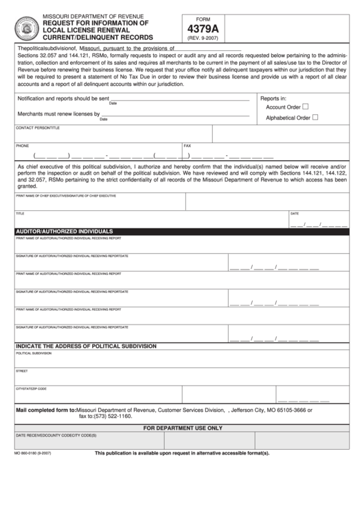 Fillable Form 4379a - Request For Information Of Local License Renewal Current/delinquent Records Printable pdf