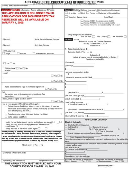Application For Property Tax Reduction - Idaho County Assessor - 2008 Printable pdf