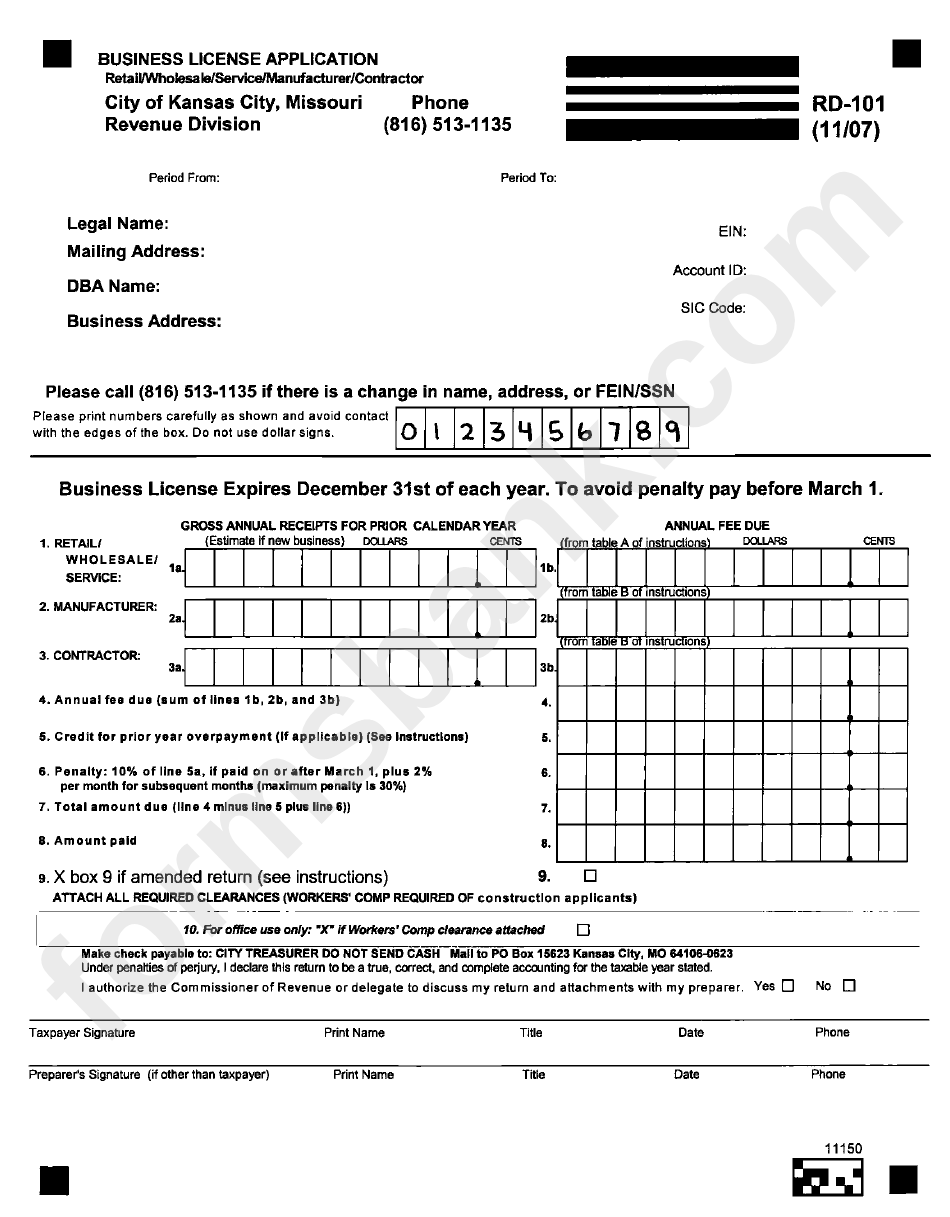Form Rd-101 - Business License Application