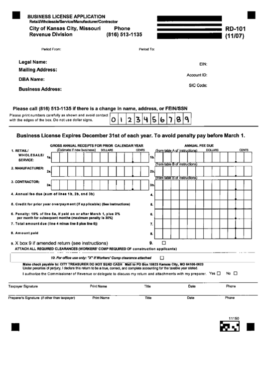 Fillable Form Rd-101 - Business License Application Printable pdf