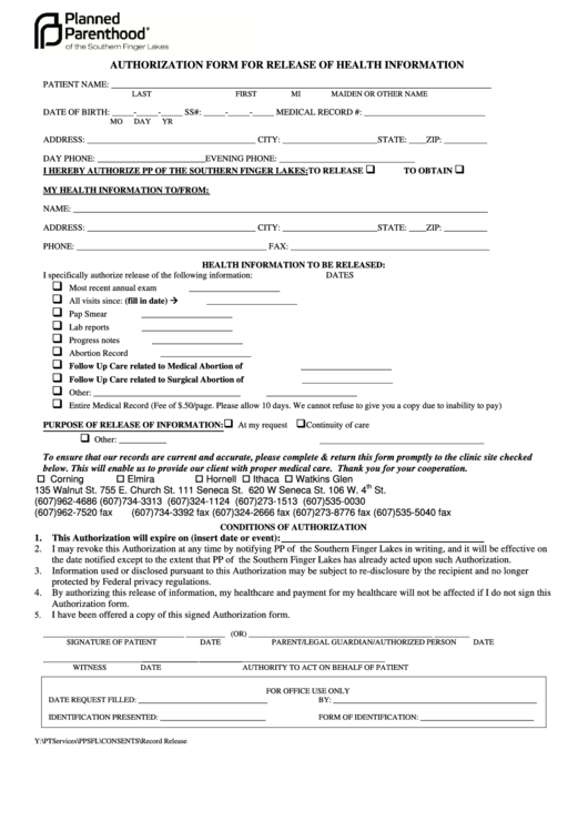 Authorization Form For Release Of Health Information Form - 2011 Printable pdf