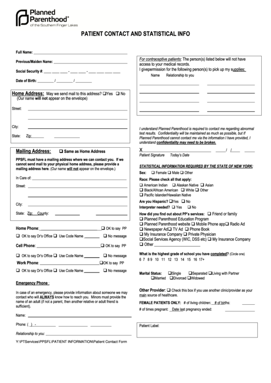 Patient Contact And Statistical Info Form Printable pdf