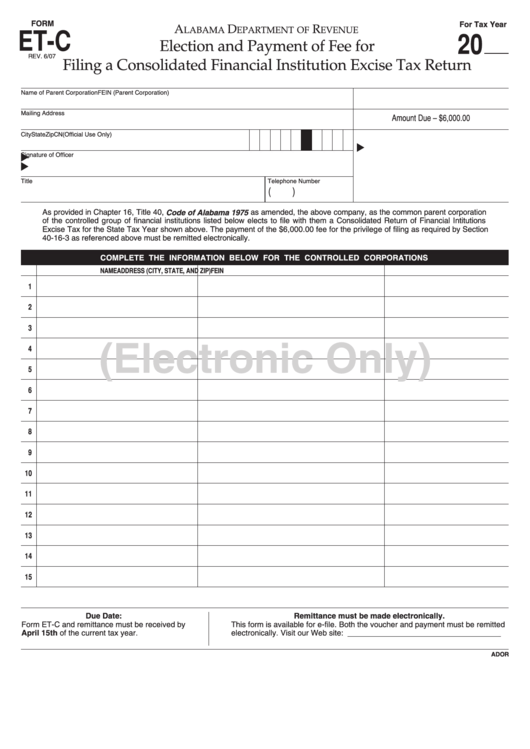 Form Et-c - Election And Payment Of Fee For Filing A Consolidated Financial Institution Excise Tax Return