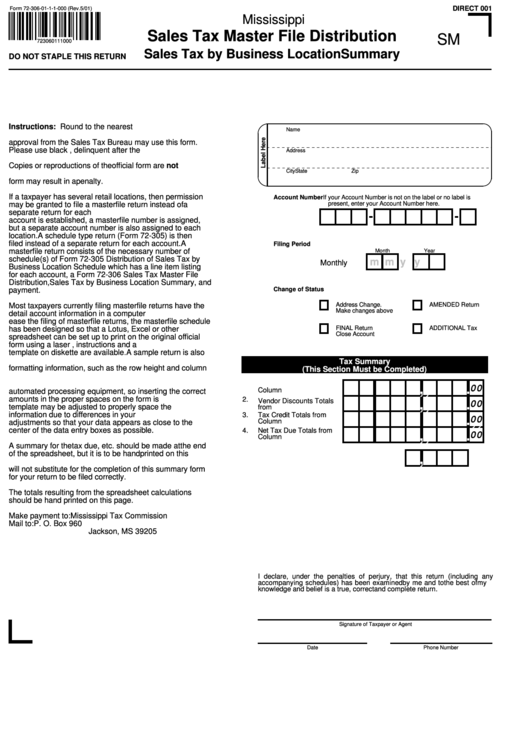 Sales Tax Master File Distribution Form - Sales Tax By Business Location Summary Printable pdf