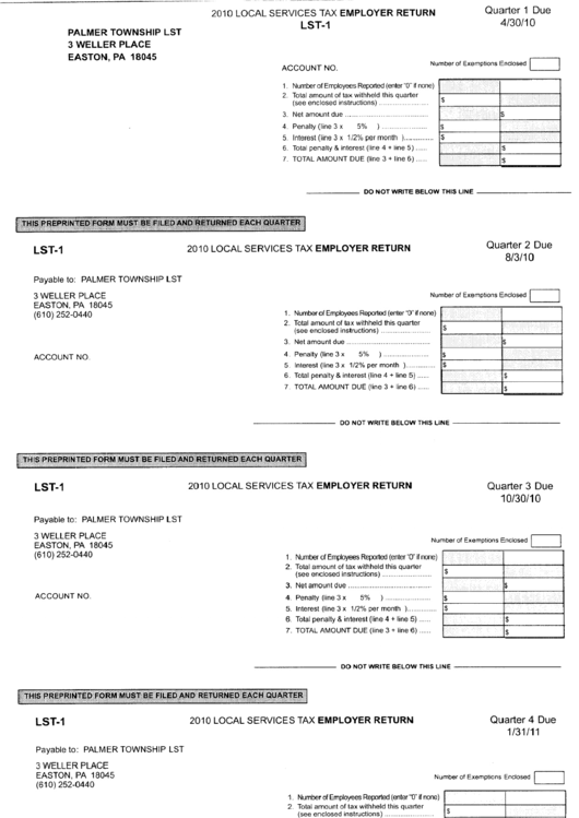 Form Lst-1 - Local Services Tax - Employer Return Printable pdf