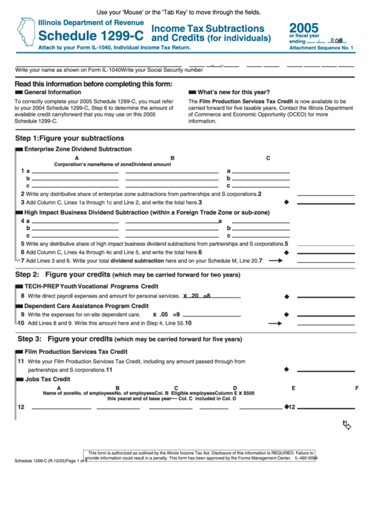 Fillable Form Il-1040 - Schedule 1299-C - Income Tax Subtractions And Credits (For Individuals) - 2005 Printable pdf