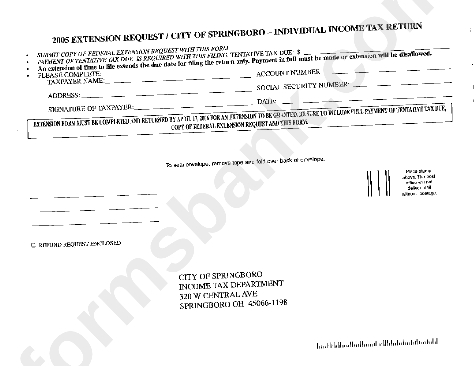 Extension Request Form - Individual Income Tax Return - 2005