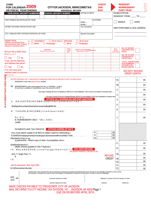 Form J1040 - Income Tax Individual Return - City Of Jackson - 2009 Printable pdf