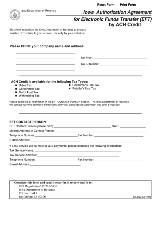 Fillable Form 92-116 - Authorization Agreement For Electronic Funds Transfer (Eft) By Ach Credit - 2006 Printable pdf